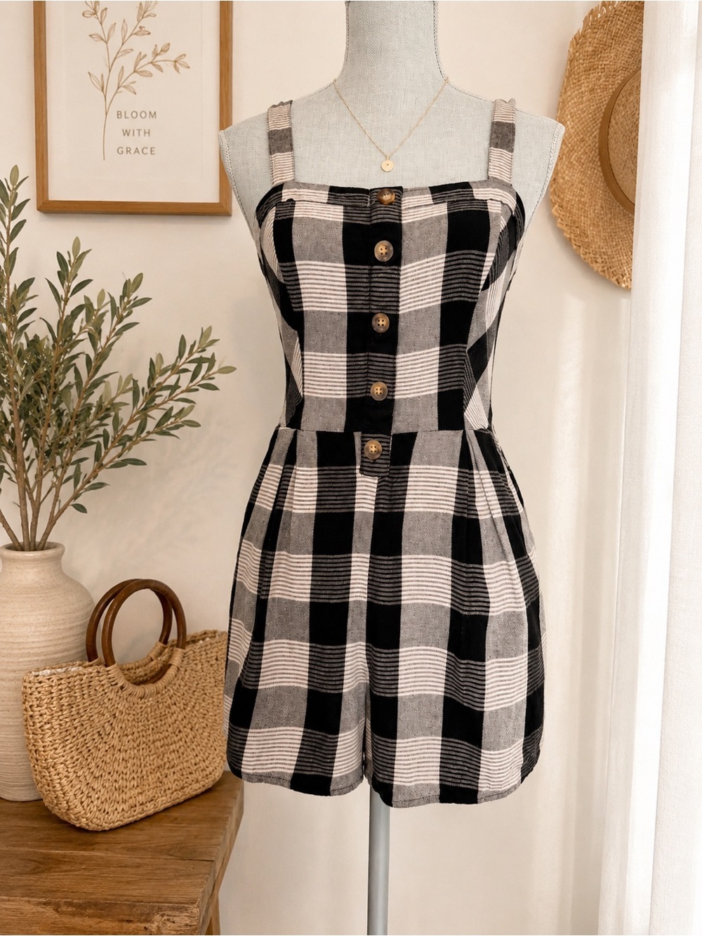 Hollister Black White Plaid Button Front Romper Small